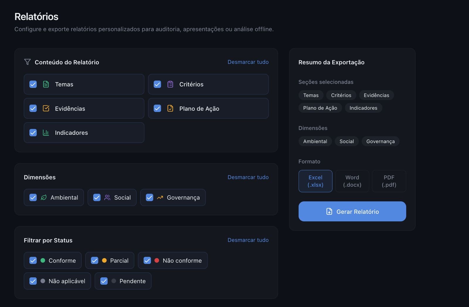 Tela da funcionalidade Gestão de Evidências