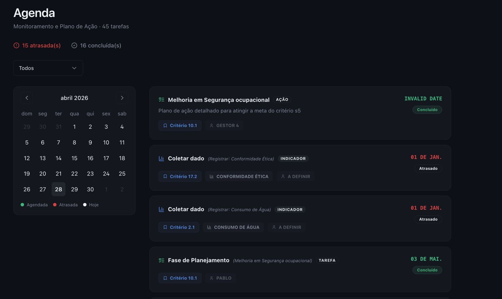 Tela da funcionalidade Plano de Ação Colaborativo
